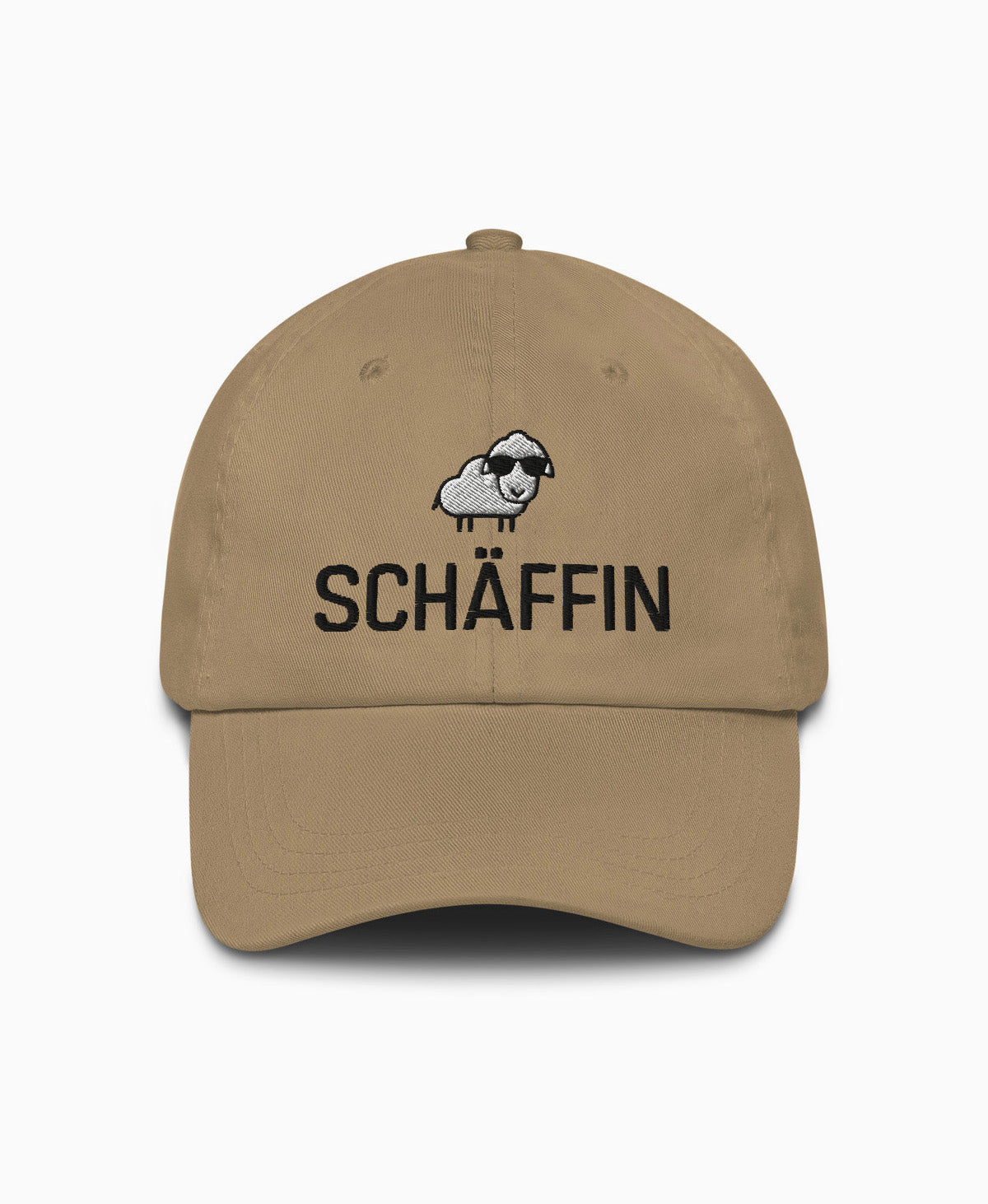 Dad-Hat mit SCHÄFFIN Stick in Farbe Khaki: Schaf mit Sonnenbrille – stylische Cap für die humorvolle Chefin.