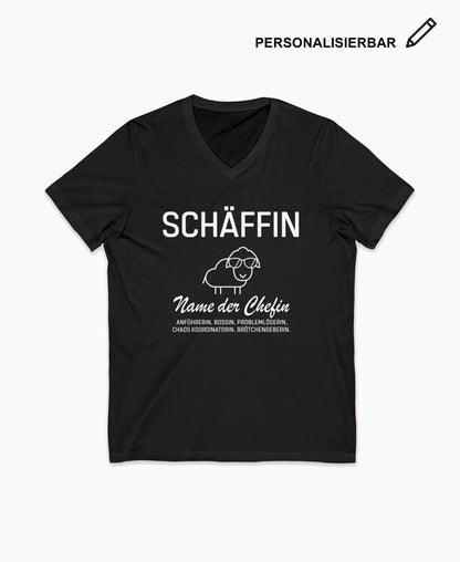Schwarzes V-Neck T-Shirt mit Schäffin Motiv und personalisierbarer Beschriftung – witziges Shirt für Chefin