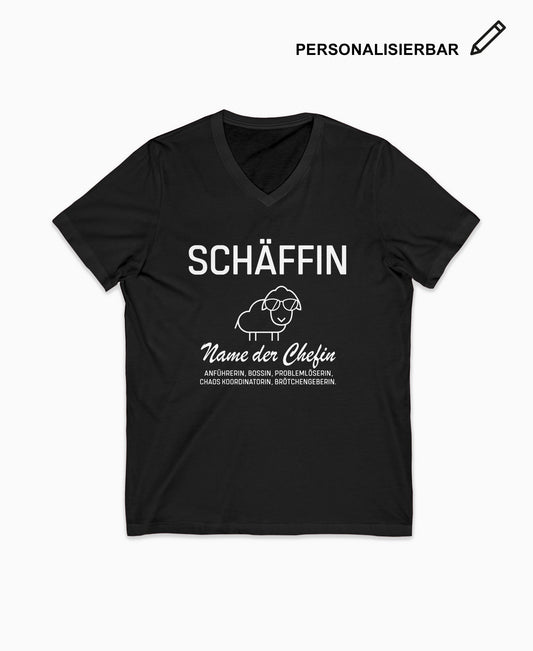 Schwarzes V-Neck T-Shirt mit Schäffin Motiv und personalisierbarer Beschriftung – witziges Shirt für Chefin