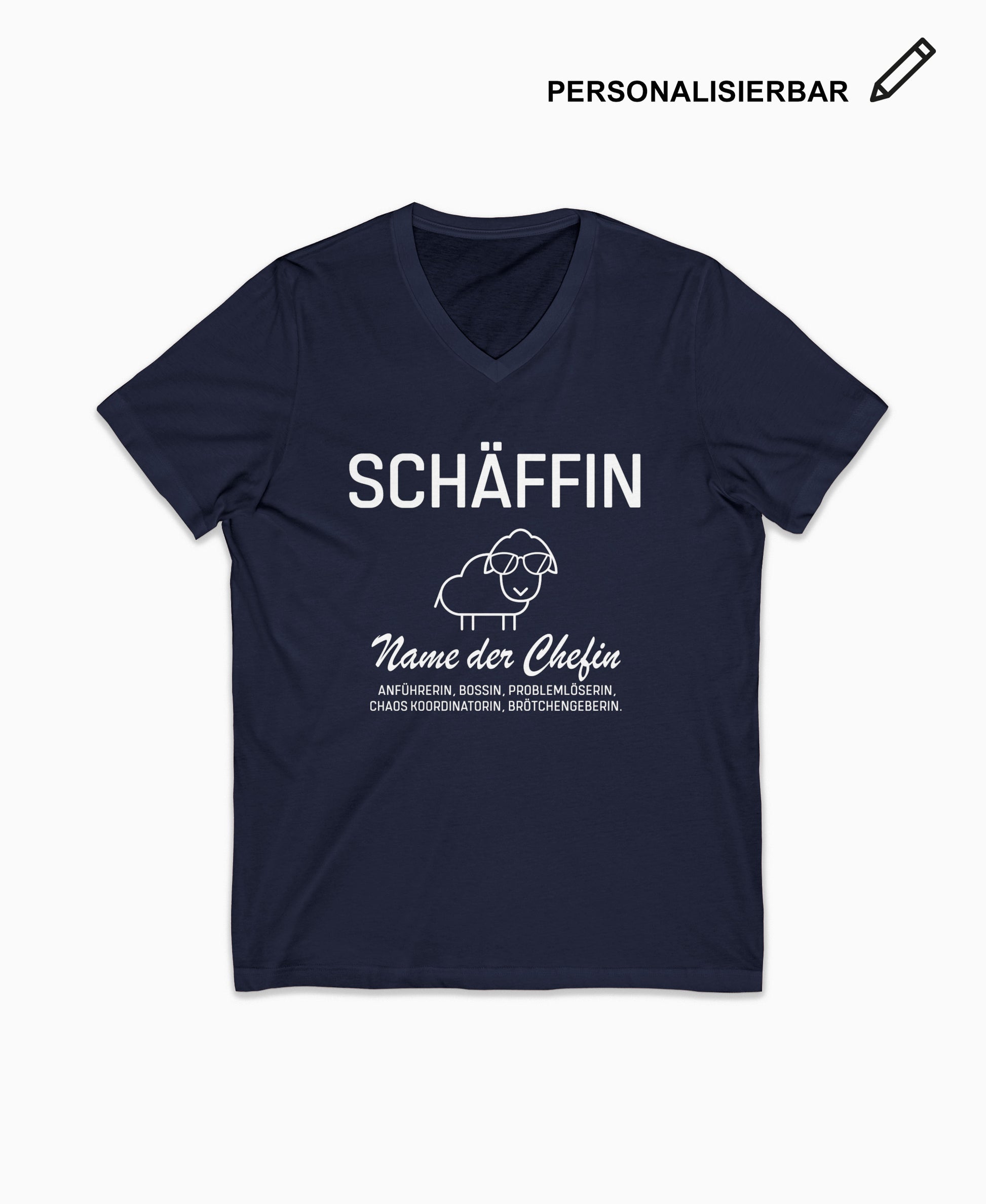 Navy V-Neck T-Shirt mit Schäffin Schaf-Motiv und personalisierbarem Text – ideales Geschenk für Chefin oder Bossin