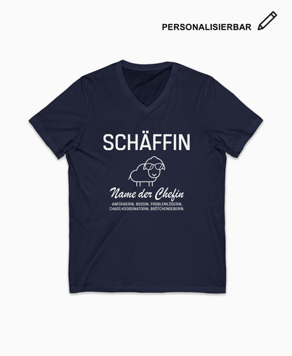 Navy V-Neck T-Shirt mit Schäffin Schaf-Motiv und personalisierbarem Text – ideales Geschenk für Chefin oder Bossin