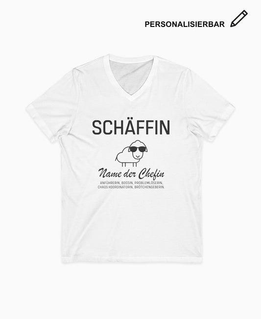 Weißes V-Neck T-Shirt mit Schäffin Schaf-Motiv und personalisierbarem Text – lustiges Geschenk für Chefin