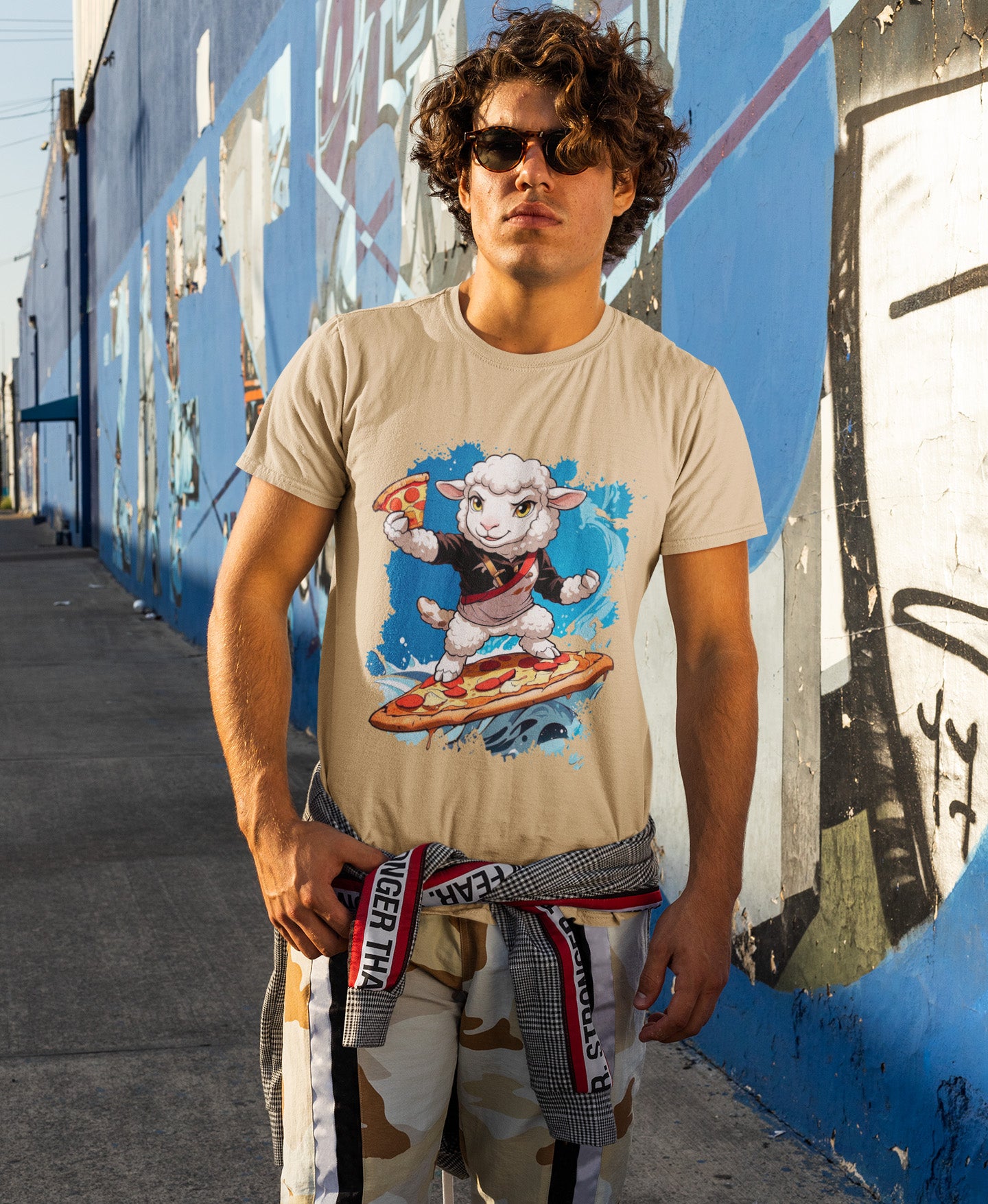 Cooles Streetstyle-Model in einem beigen SCHÄFF Bio T-Shirt, kombiniert mit Sonnenbrille und camouflagefarbener Hose, vor einer graffiti-bemalten Wand. Die Grafik zeigt das surfende Schaf auf einer Pizza. Urbaner Look.