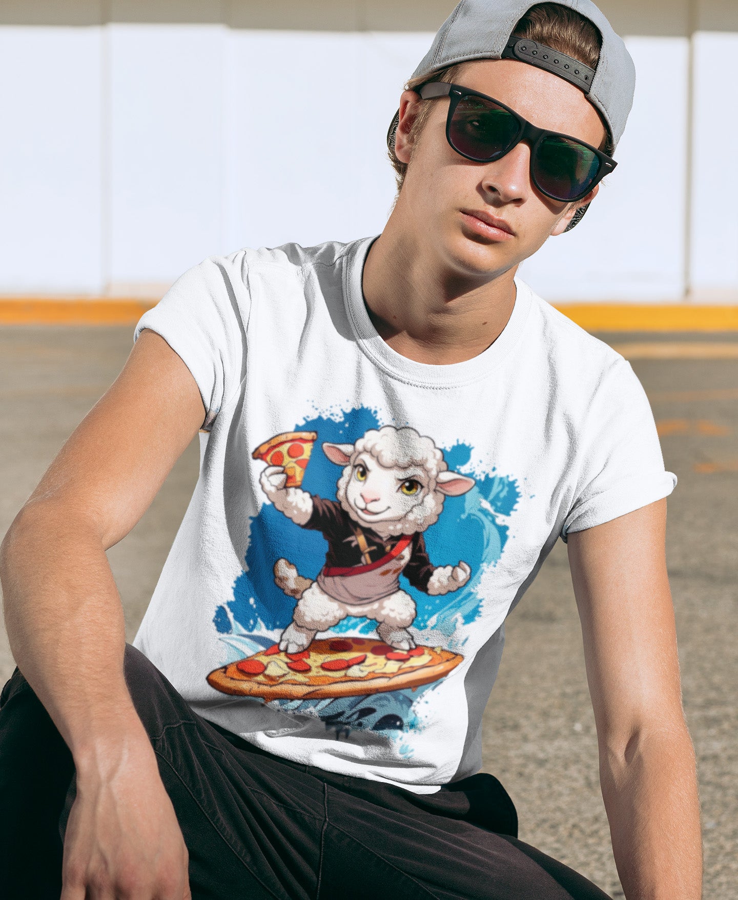 Model im entspannten Look mit Cap, Sonnenbrille und weißem SCHÄFF Bio T-Shirt, sitzend vor einer hellen Wand. Das Shirt zeigt die Grafik des Schafs, das auf einer Pizza surft. Lässiger Sommer-Vibe.