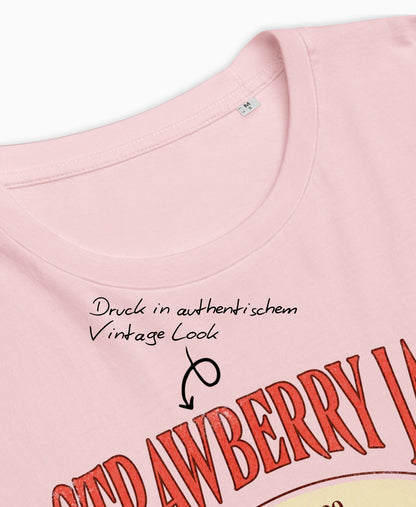 Schäffin Vintage Erdbeer Bio T-Shirt  mit Text: Druck in authentischem Vintage-Look