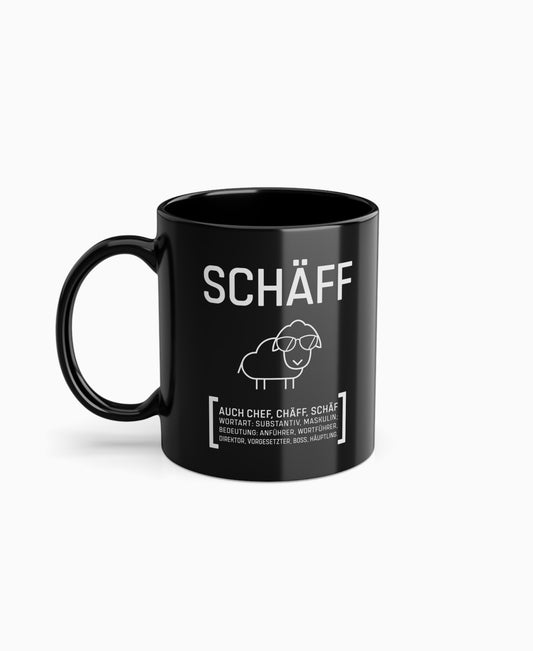 Schwarze Keramiktasse mit SCHÄFF Motiv: cooles Schaf mit Sonnenbrille – witziges Geschenk für den Chef.