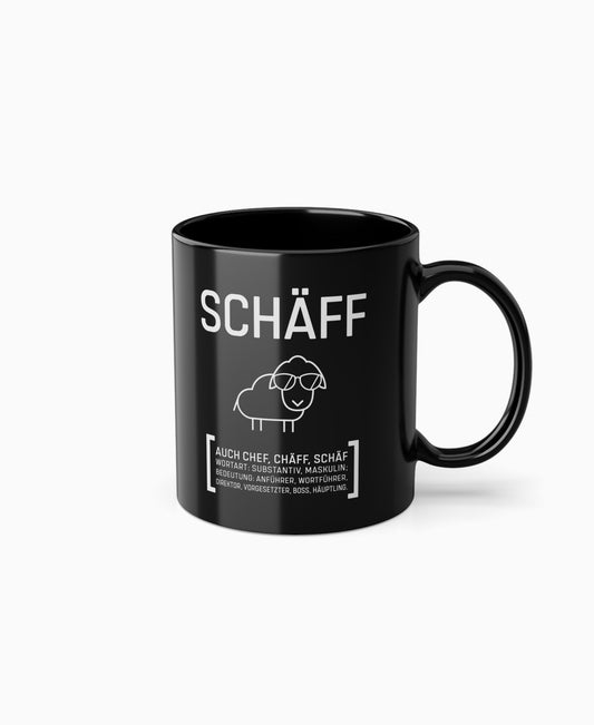 Schwarze Keramiktasse mit SCHÄFF Motiv: cooles Schaf mit Sonnenbrille – witziges Geschenk für den Chef.