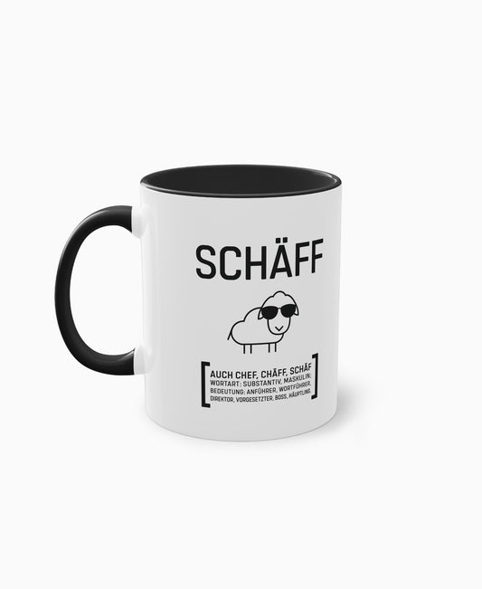 Weiße Keramiktasse mit schwarzer Innenseite und SCHÄFF Motiv – witziges Geschenk für den Chef.