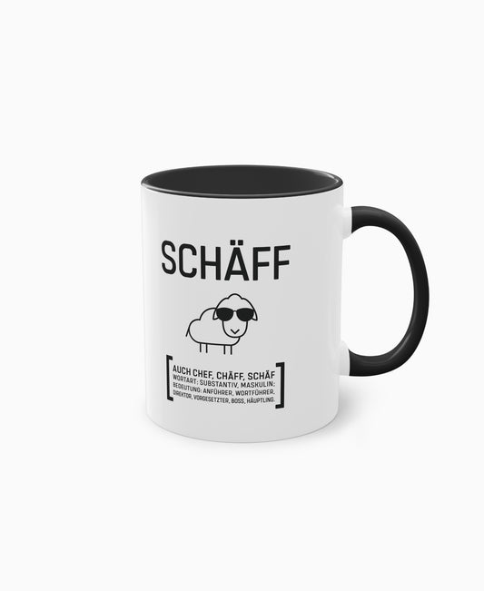 Weiße Keramiktasse mit schwarzer Innenseite und SCHÄFF Motiv – witziges Geschenk für den Chef.