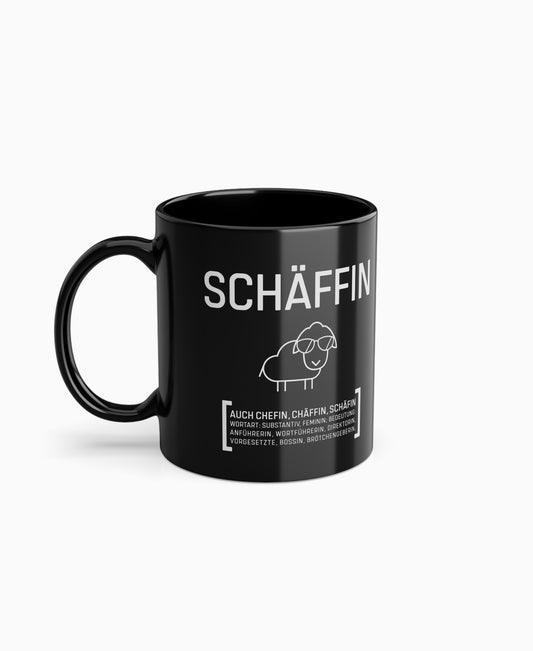 Schwarze Keramiktasse mit SCHÄFFIN Motiv: cooles Schaf mit Sonnenbrille – witziges Geschenk für die Chefin.