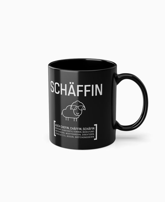 Schwarze Keramiktasse mit SCHÄFFIN Motiv: cooles Schaf mit Sonnenbrille – witziges Geschenk für die Chefin.