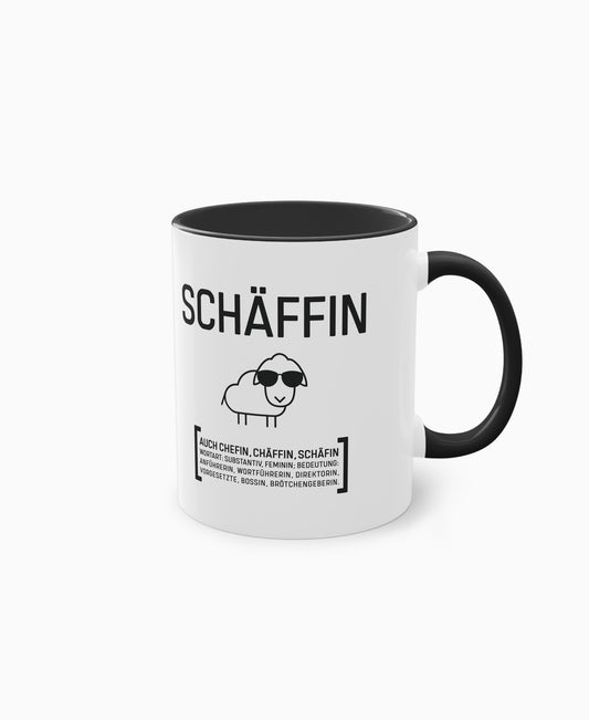 Weiße Keramiktasse mit schwarzer Innenseite und SCHÄFFIN Motiv – witziges Geschenk für die Chefin.
