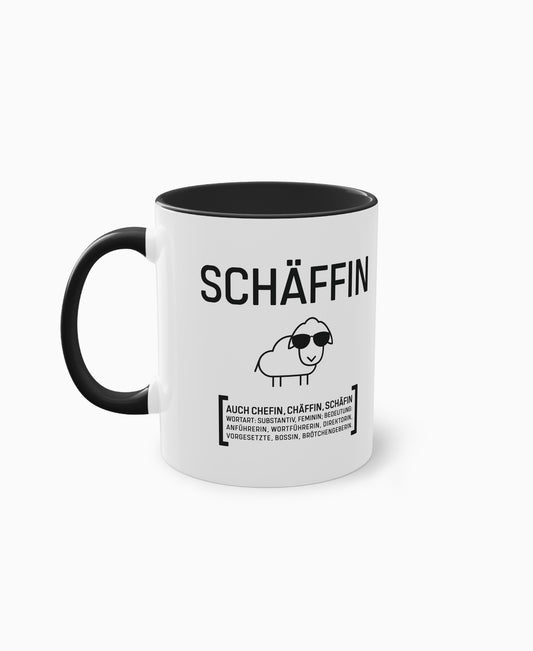 Weiße Keramiktasse mit schwarzer Innenseite und SCHÄFFIN Motiv – witziges Geschenk für die Chefin.
