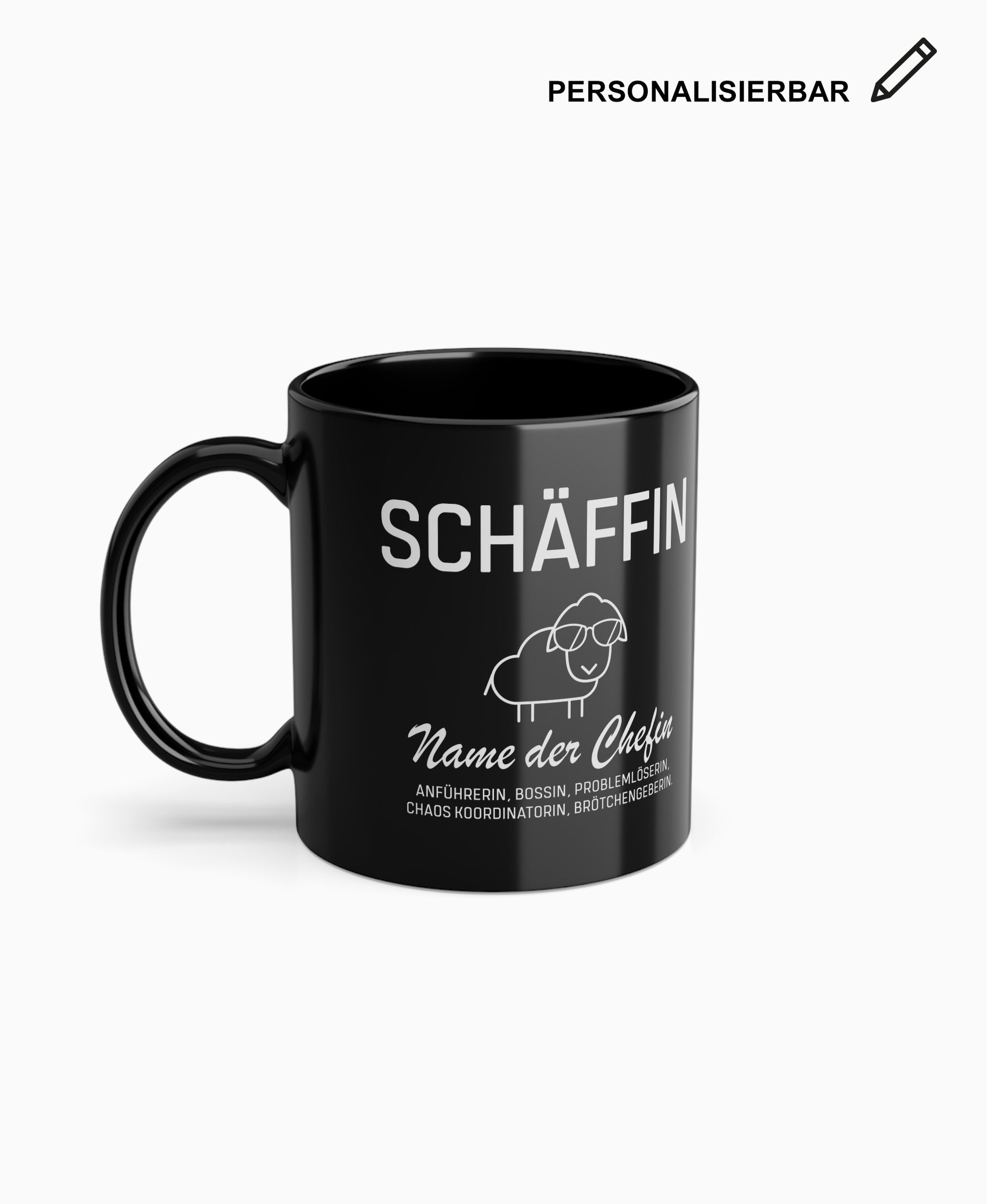 Schwarze Keramiktasse mit SCHÄFFIN Motiv und Wunschtext – personalisierbares Geschenk für die Chefin.