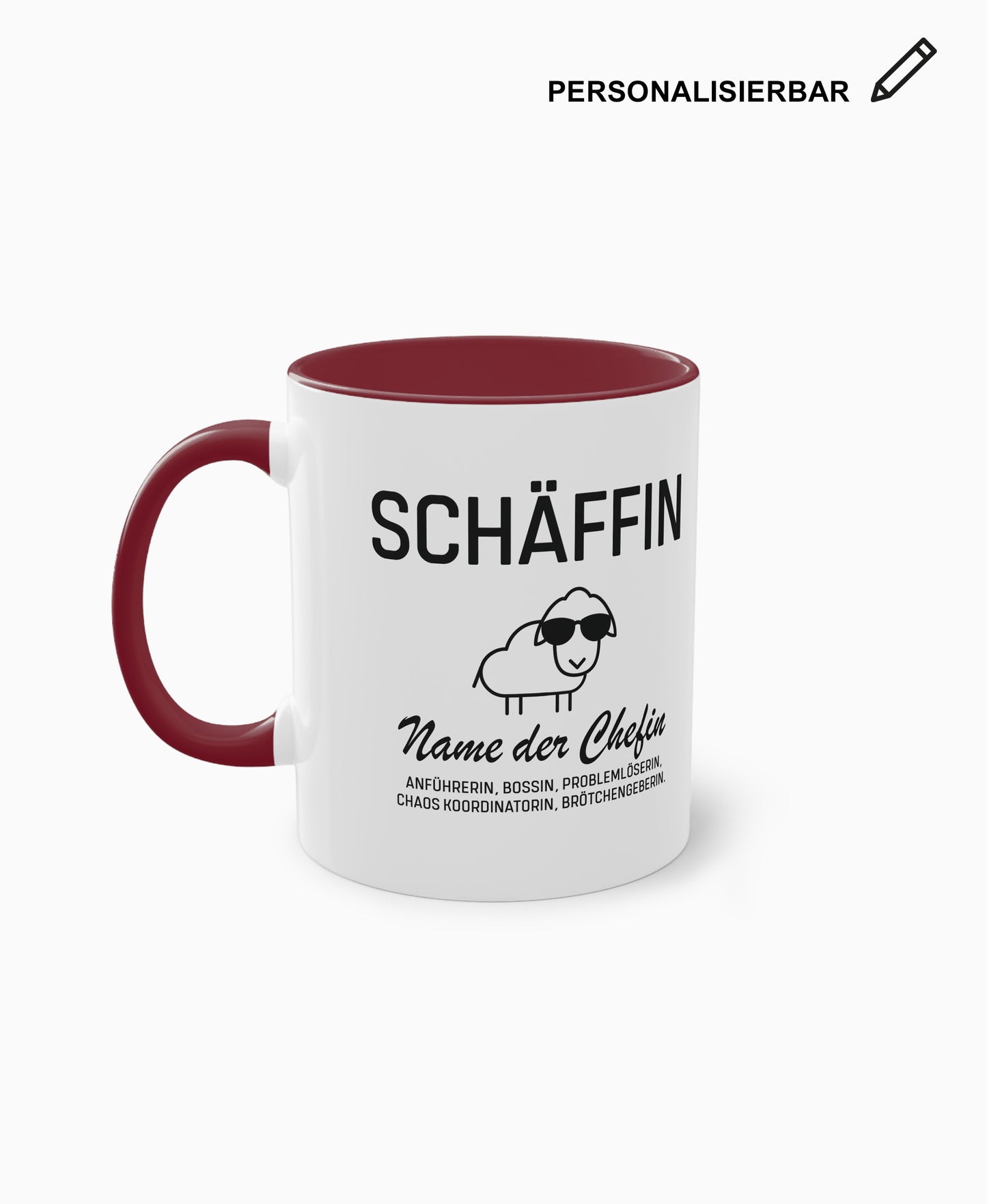 Weiße Keramiktasse mit dunkelroter Innenseite, SCHÄFFIN Motiv und Wunschtext – personalisierbares Geschenk für die Chefin. 