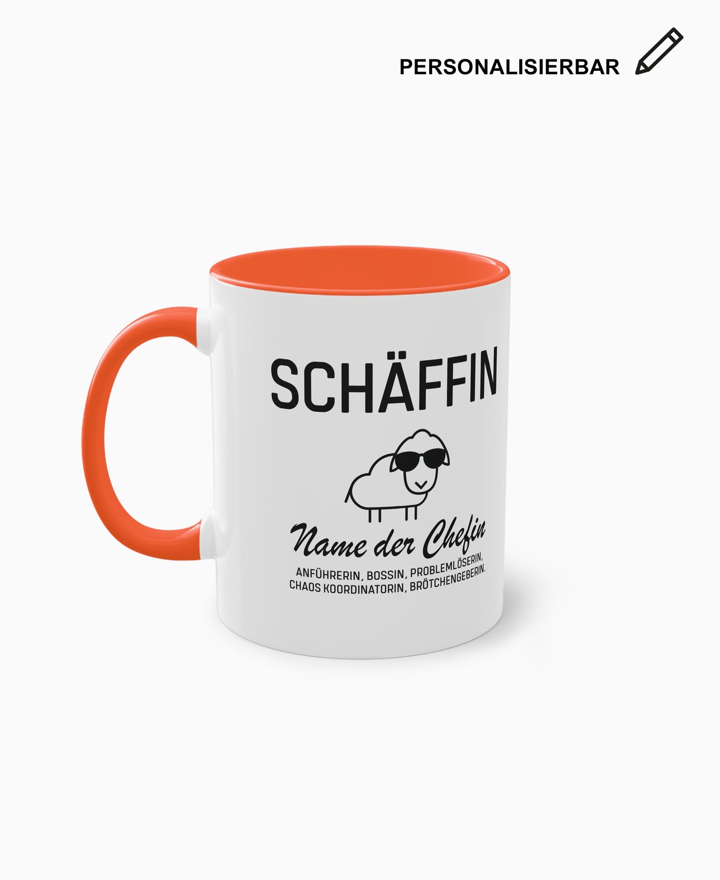Weiße Keramiktasse mit orangefarbener Innenseite, SCHÄFFIN Motiv und Wunschtext – personalisierbares Geschenk für die Chefin.