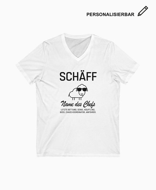 Weißes Herren V-Neck T-Shirt mit SCHÄFF Motiv: cooles Schaf mit Sonnenbrille – personalisierbares Geschenk für humorvollen Chef.