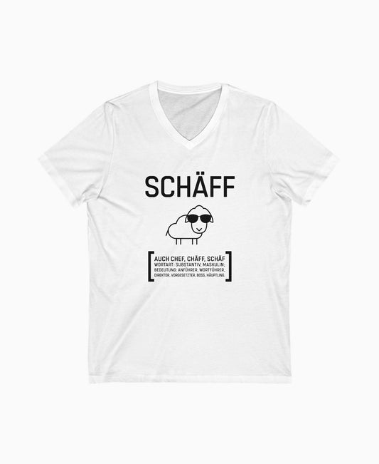 Weißes Herren V-Neck T-Shirt mit SCHÄFF Motiv: cooles Schaf mit Sonnenbrille – ideales Geschenk für humorvollen Chef.